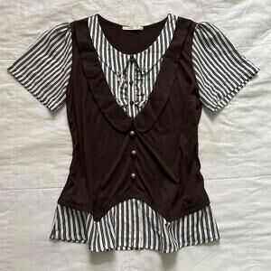 Axes Femme brown vest prestyled layered cream striped short sleeve blouse